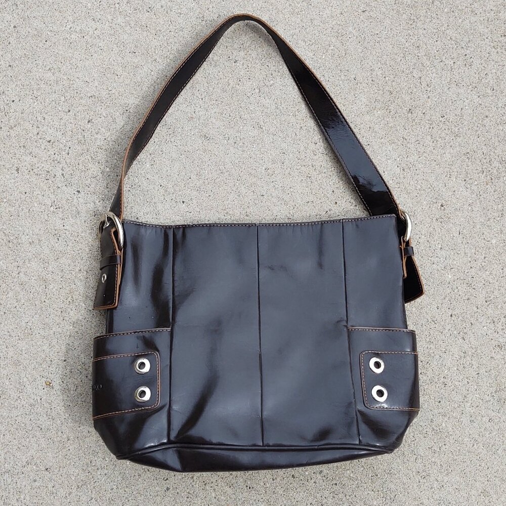 XOXO BROWN PATENT LEATHER BUCKET STYLE SHOULDER BAG PURSE Y2K